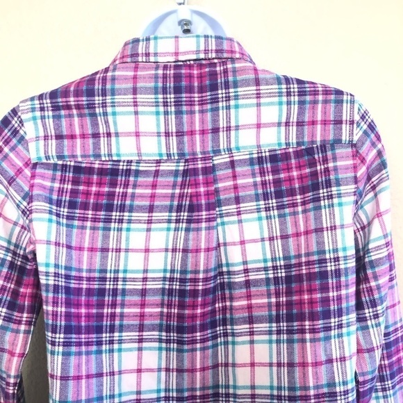 Land’s End Girls Button Down Flannel Shimmer Plaid Shirt Size L-14 - Picture 5 of 15